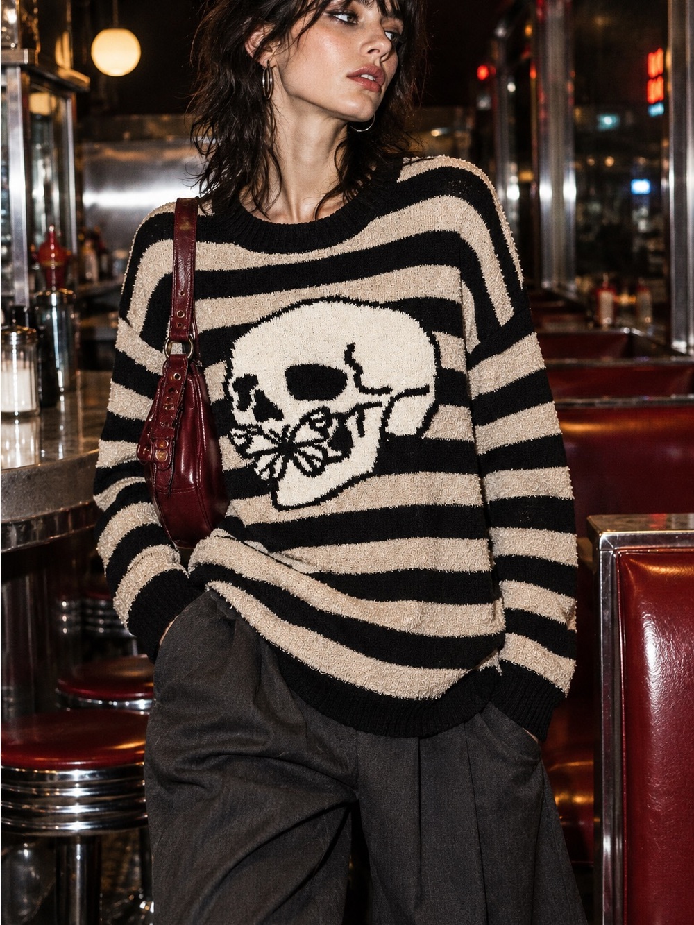 Skull Butterfly Striped Sweater Grunge Goth Stitch & Pine Black Cream Gothic